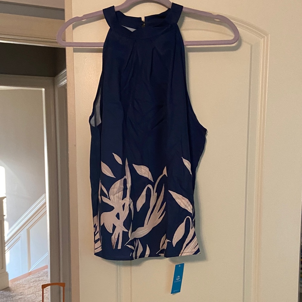 Cupshe Navy Tank Top with White Botanical Design